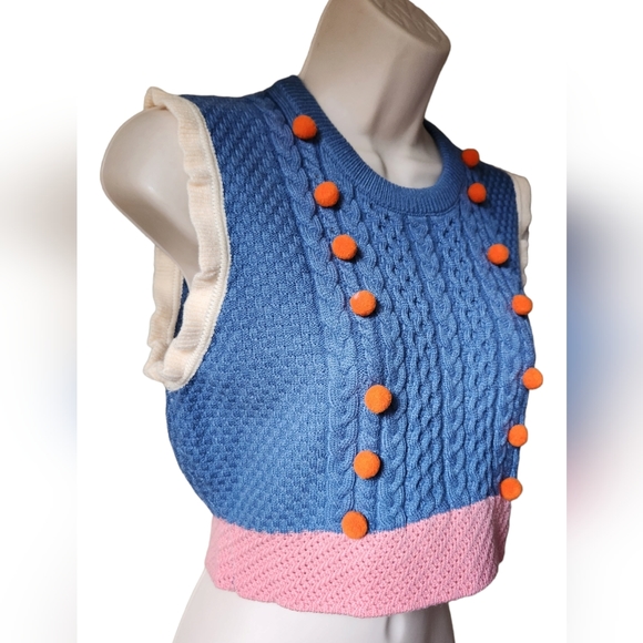Cider Crop Sweater Vest Ruffle Pom Pom Cable Knit BOHO Blue Pink Orange LG NWT - Picture 6 of 14